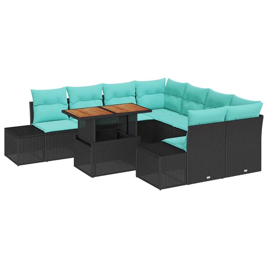 Tuin Eetset met kussen 9 pcs Zwart en Blauwgroen