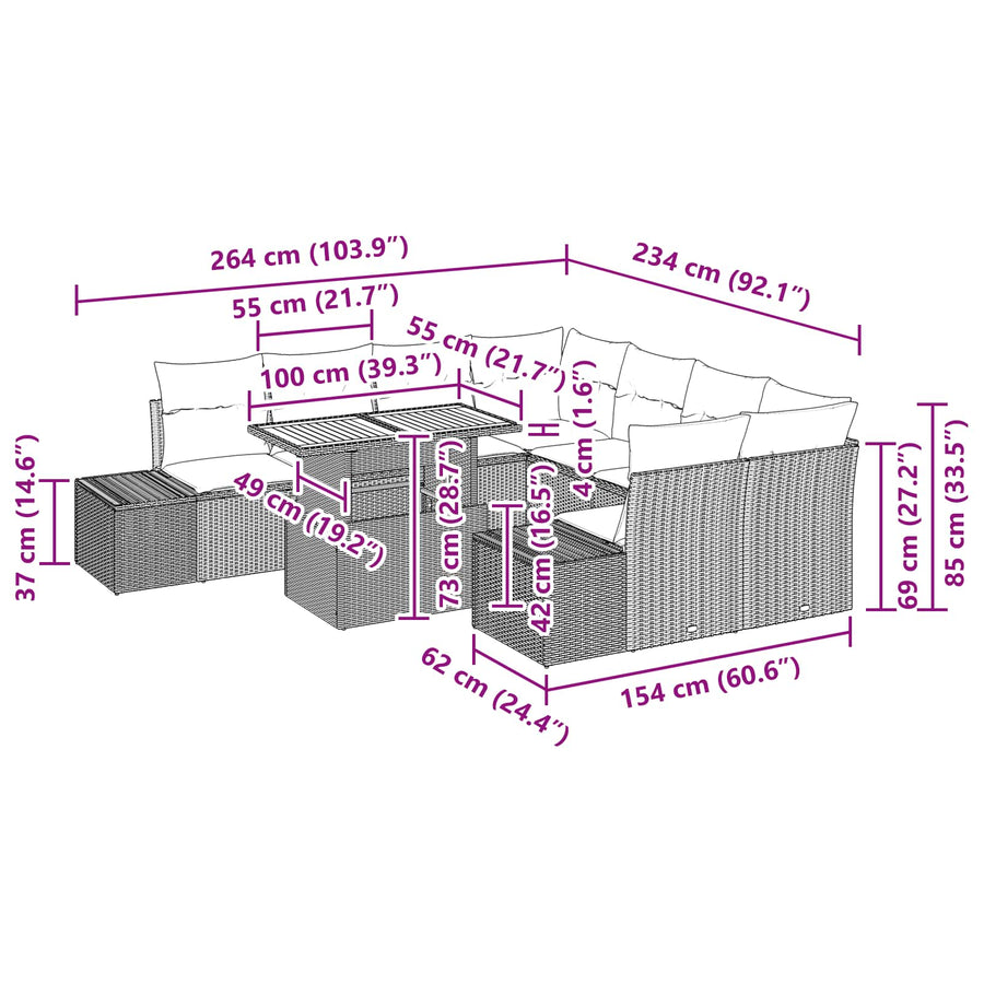 Tuin Eetset met kussen 9 pcs Zwart en Blauwgroen