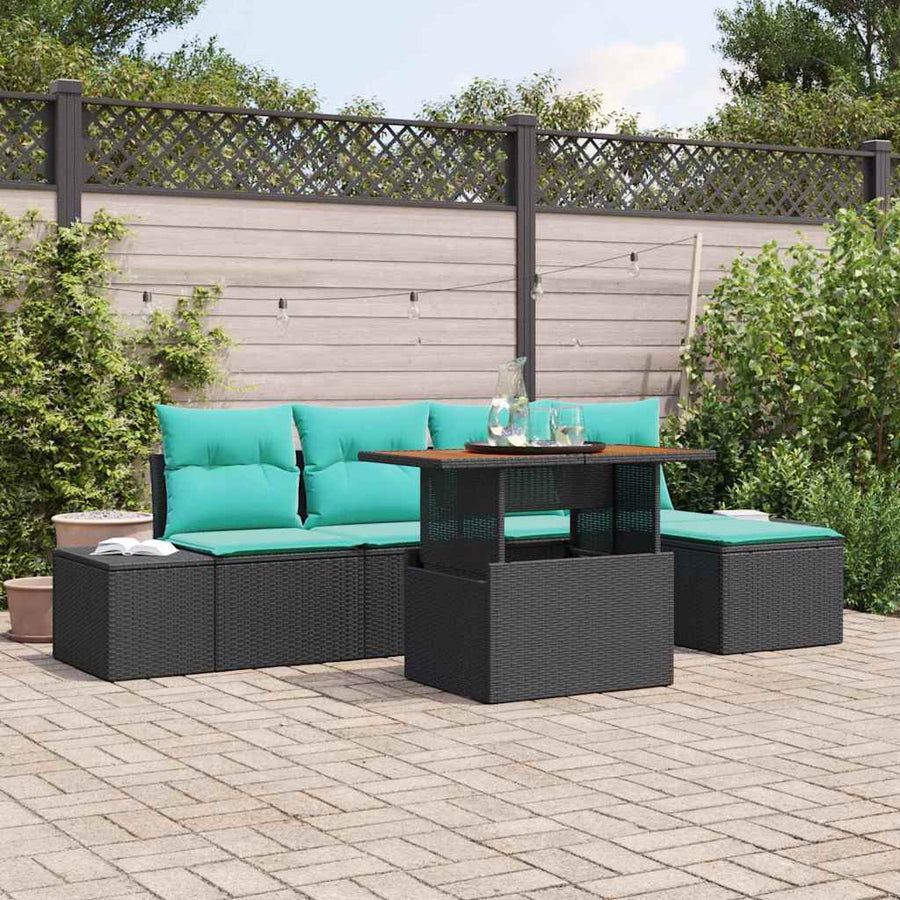 Tuin Eetset met kussen 6 pcs Zwart en Blauwgroen