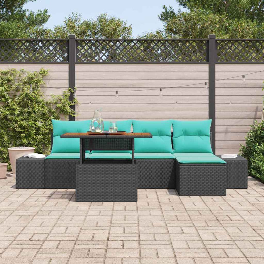Tuin Eetset met kussen 6 pcs Zwart en Blauwgroen