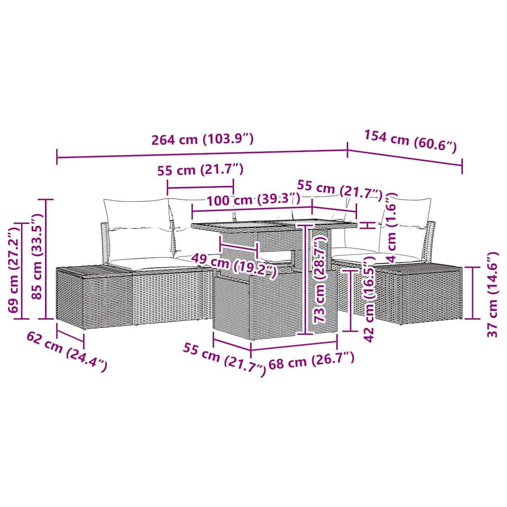 Tuin Eetset met kussen 6 pcs Zwart en Crème