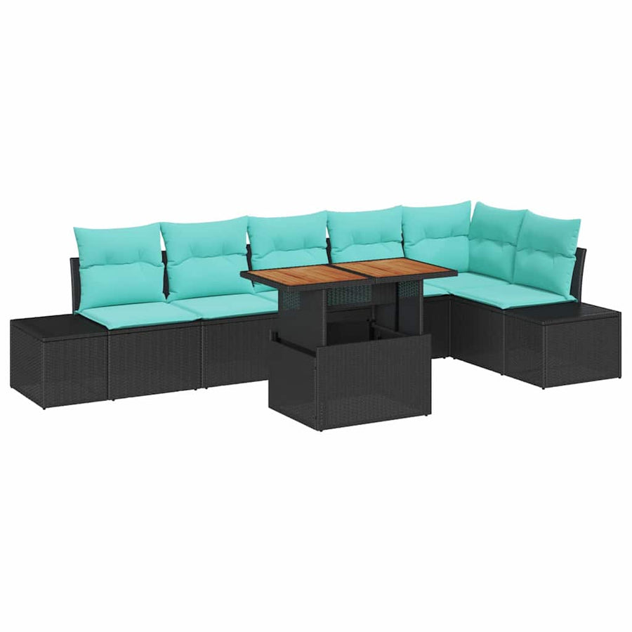 Tuin Eetset met kussen 7 pcs Zwart en Blauwgroen