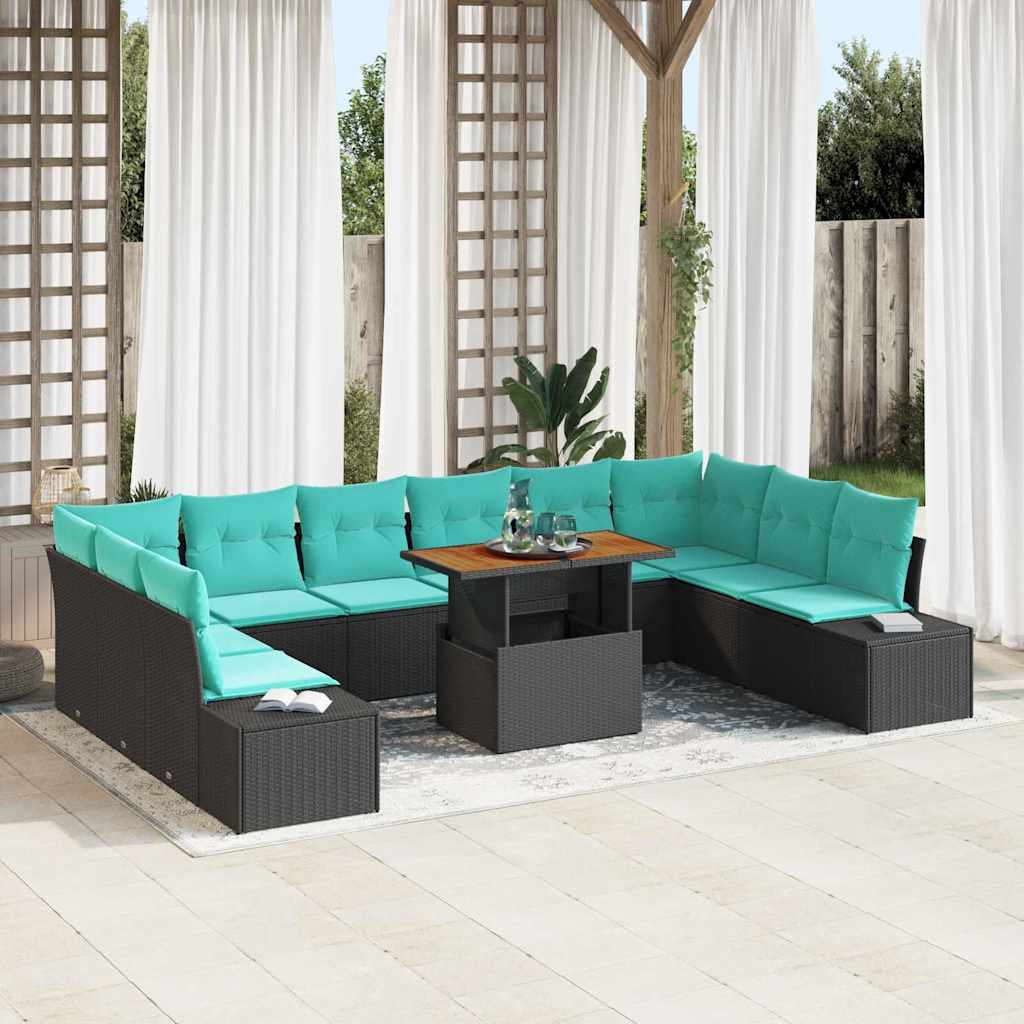 Tuin Eetset met kussen 11 pcs Zwart en Blauwgroen