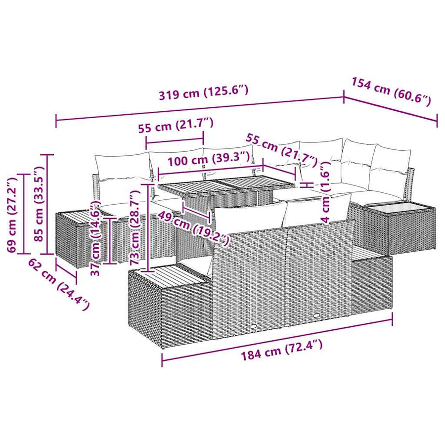 Tuin Eetset met kussen 9 pcs Grijs, Bruin 100 x 55 x 73 cm