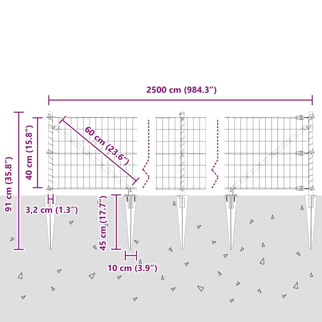 Hek met Paal Grijs 0,4 x 25 m Staal en PVC