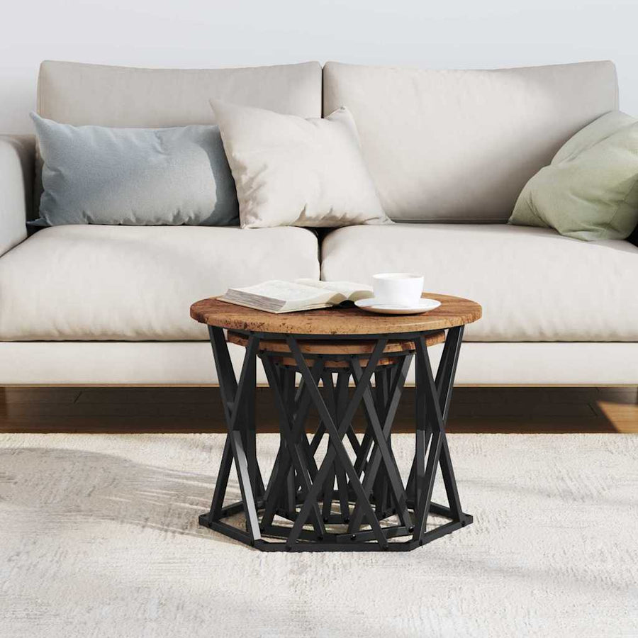 Nestbare Bijzettafel 3 pcs Oud Hout Engineered hout en staal