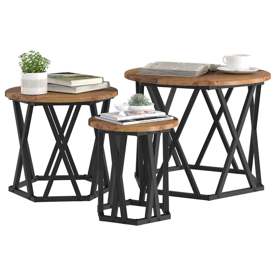 Nestbare Bijzettafel 3 pcs Oud Hout Engineered hout en staal