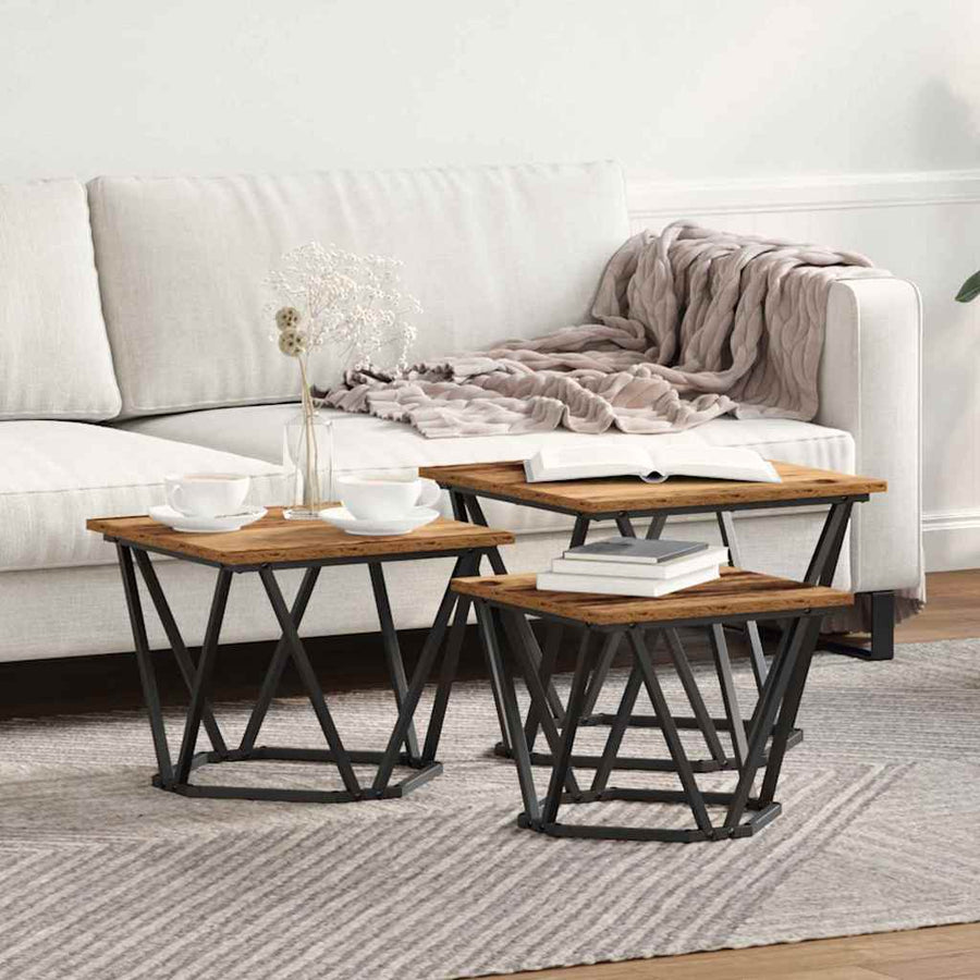 Salontafel 3 pcs Oud Hout Engineered hout en staal