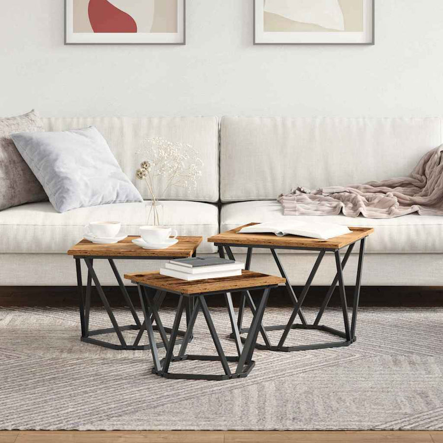Salontafel 3 pcs Oud Hout Engineered hout en staal