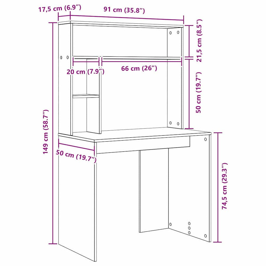 Bureau met plank met opslag Wit 91 x 50 x 149 cm Bewerkt hout