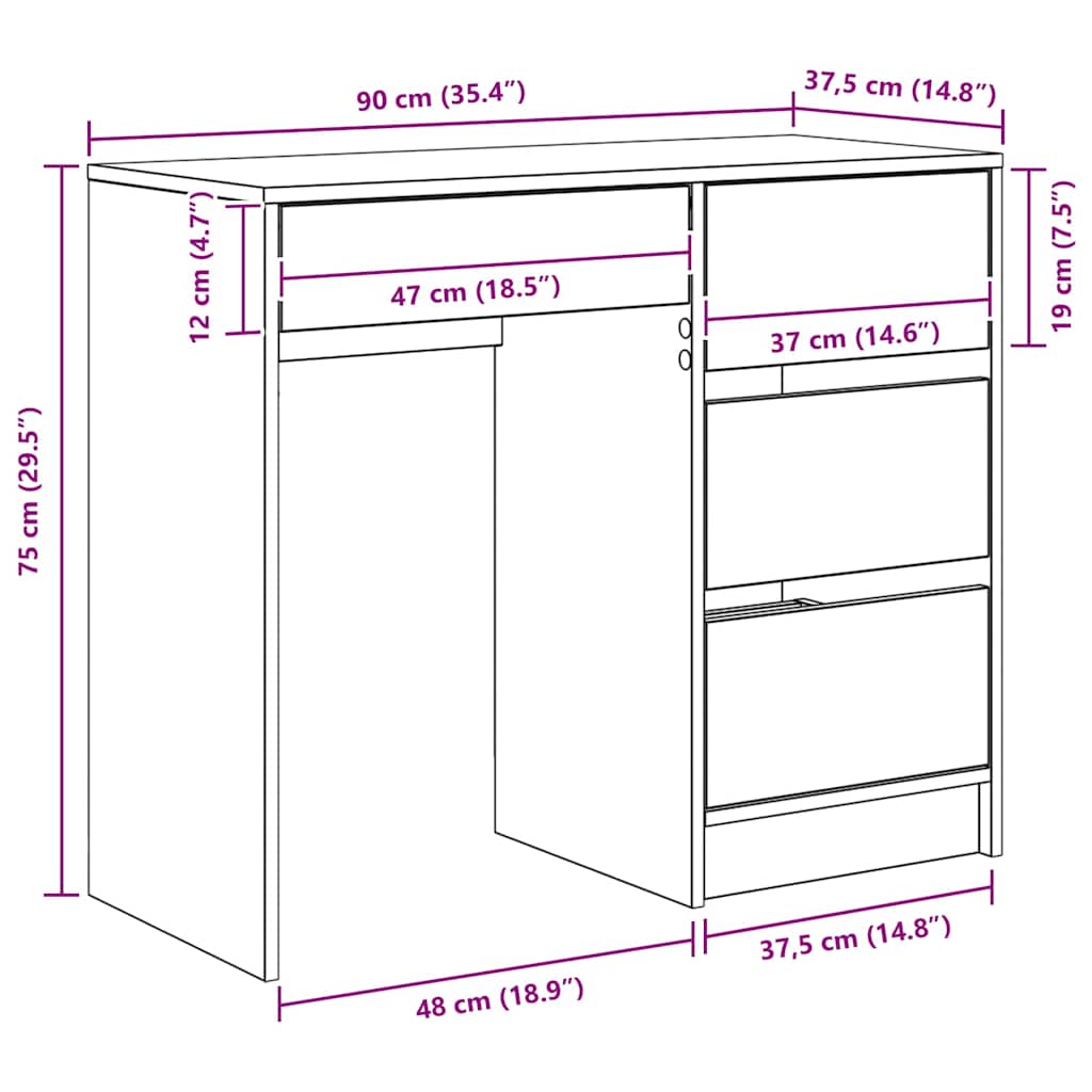 Bureau met lade Zwart Eiken 90 x 37,5 x 75 cm Bewerkt hout