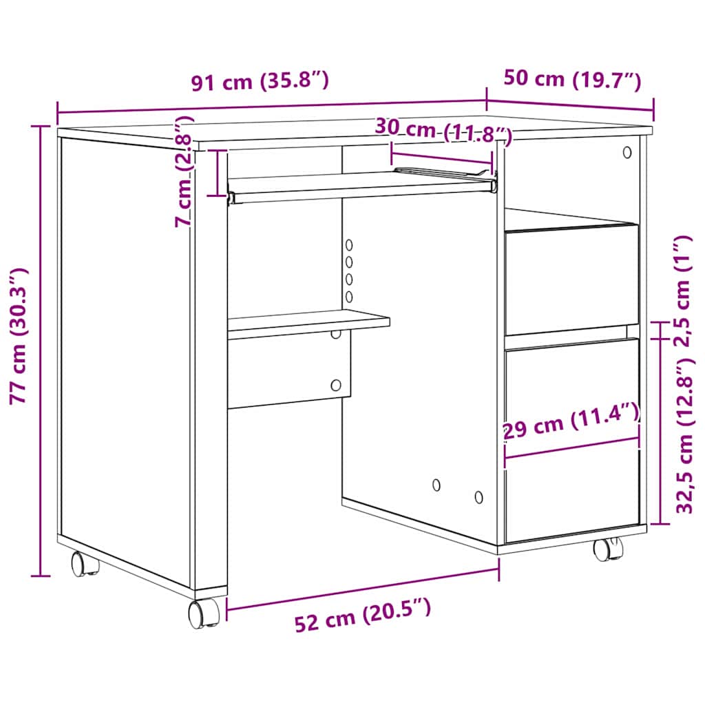 Bureau met Wielen Zwart Eiken 91 x 50 x 77 cm Bewerkt hout