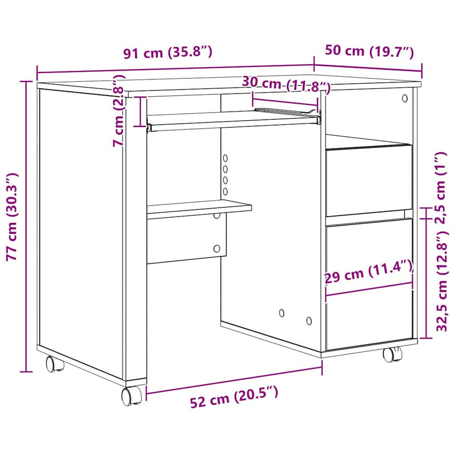 Bureau met Wielen Zwart Eiken 91 x 50 x 77 cm Bewerkt hout