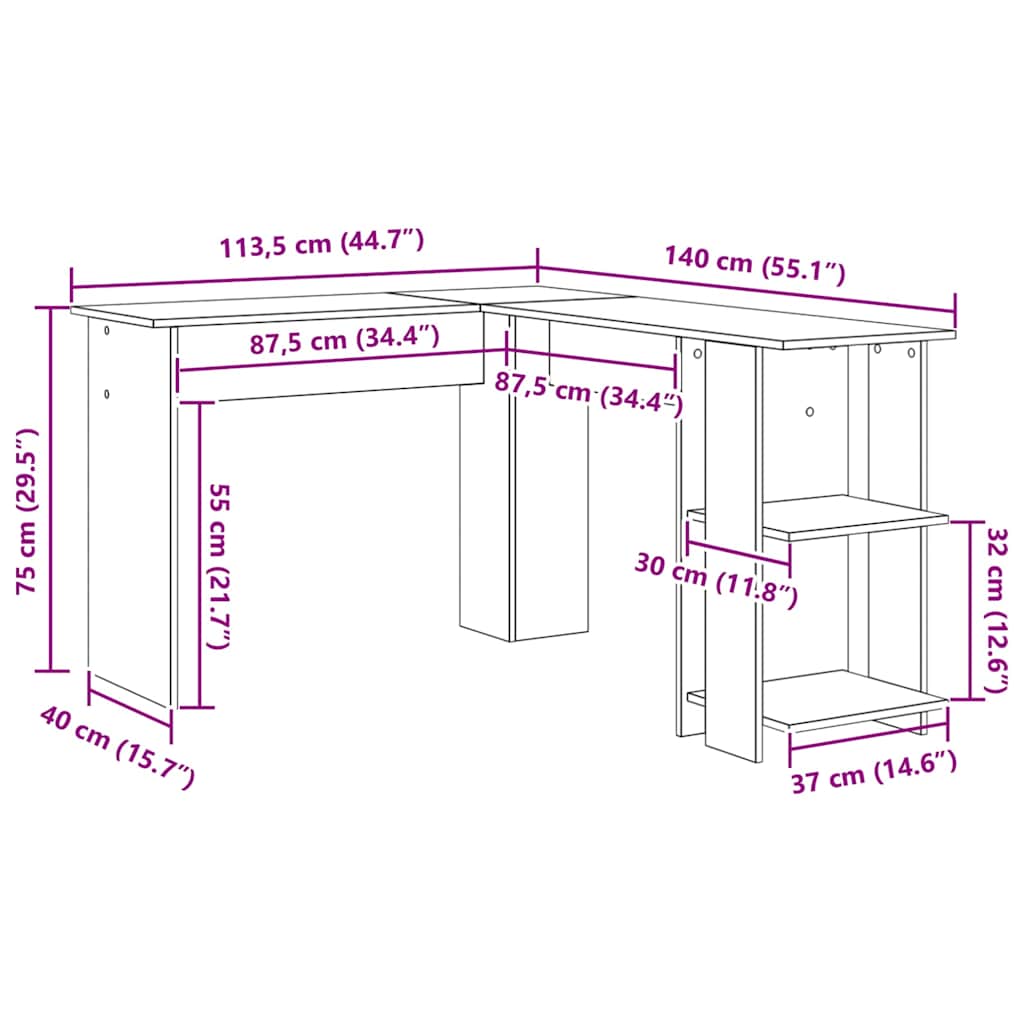 Hoekbureau Zwart Eiken 140 x 113,5 x 75 cm Bewerkt hout