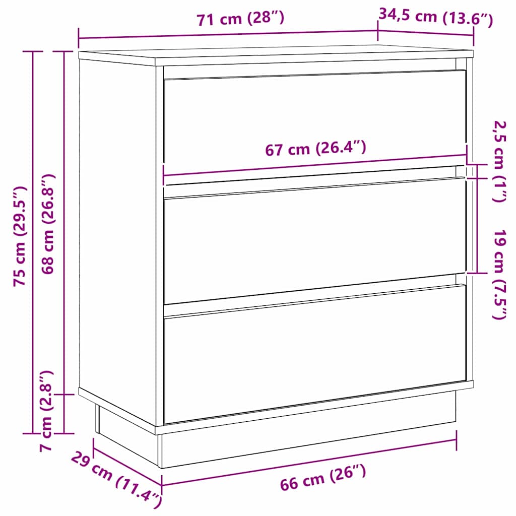 Nachtkastje met lade Zwart Eiken 71 x 34,5 x 75 cm Bewerkt hout