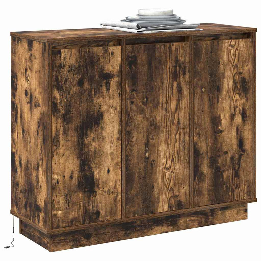 LED Sideboard Gerookt eiken 90 x 32 x 75 cm Bewerkt hout
