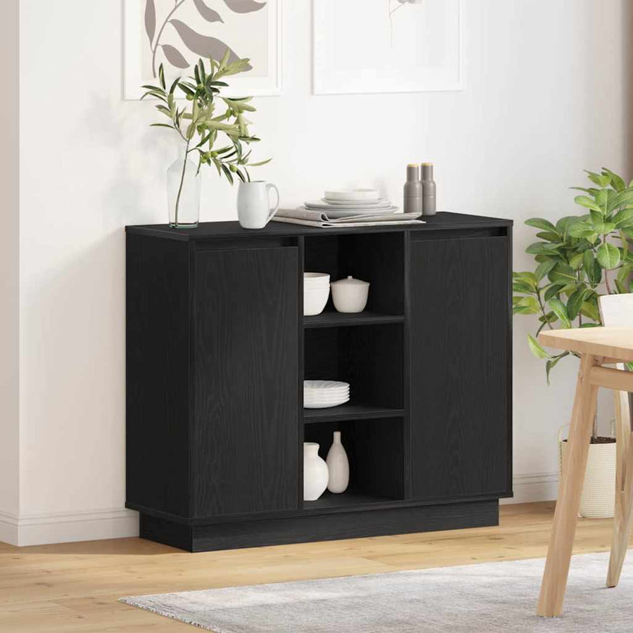 LED Sideboard Zwart Eiken 90 x 32 x 75 cm Bewerkt hout