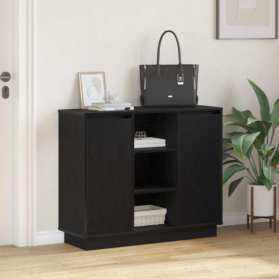 LED Sideboard Zwart Eiken 90 x 32 x 75 cm Bewerkt hout