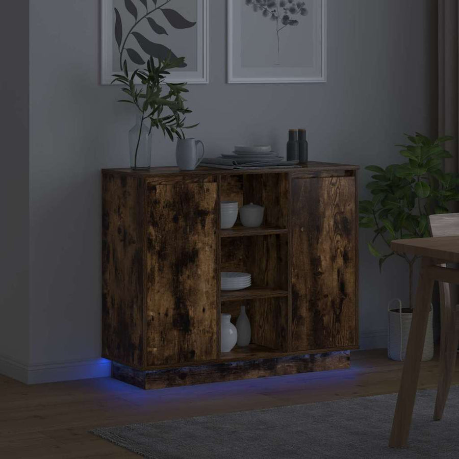 LED Sideboard Gerookt eiken 90 x 32 x 75 cm Bewerkt hout