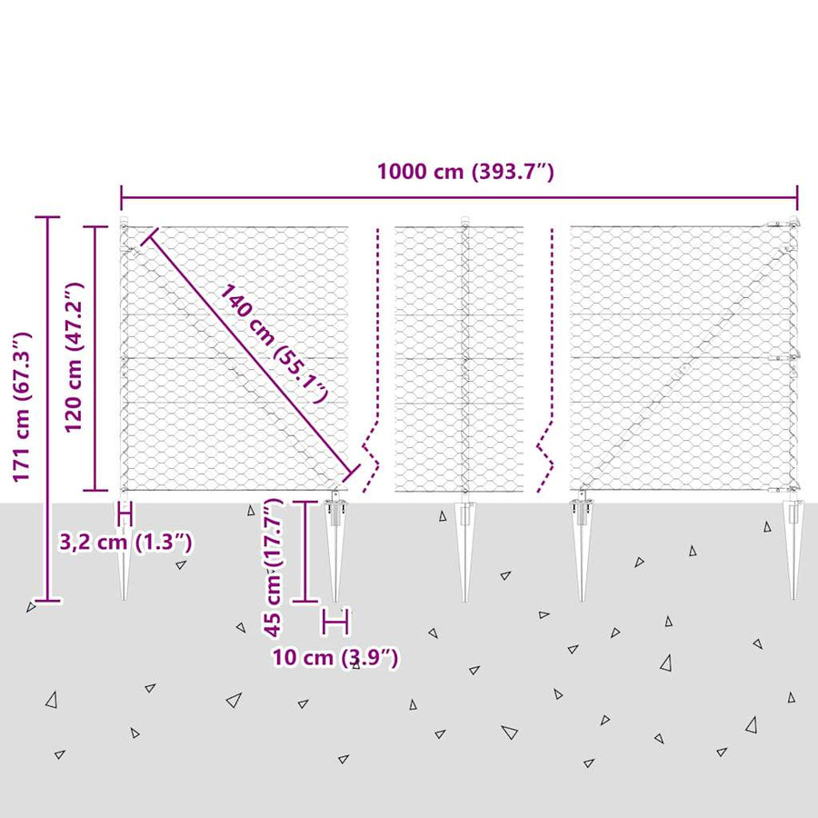 Afrasteringspaal Grijs 10 x 1,2 m (50 mm gaas) Staal en PVC