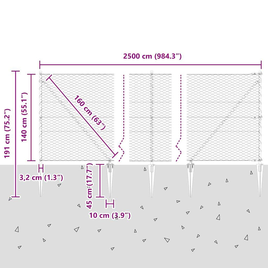 Afrasteringspaal Grijs 25 x 1,4 m (36 mm gaas) Staal en PVC