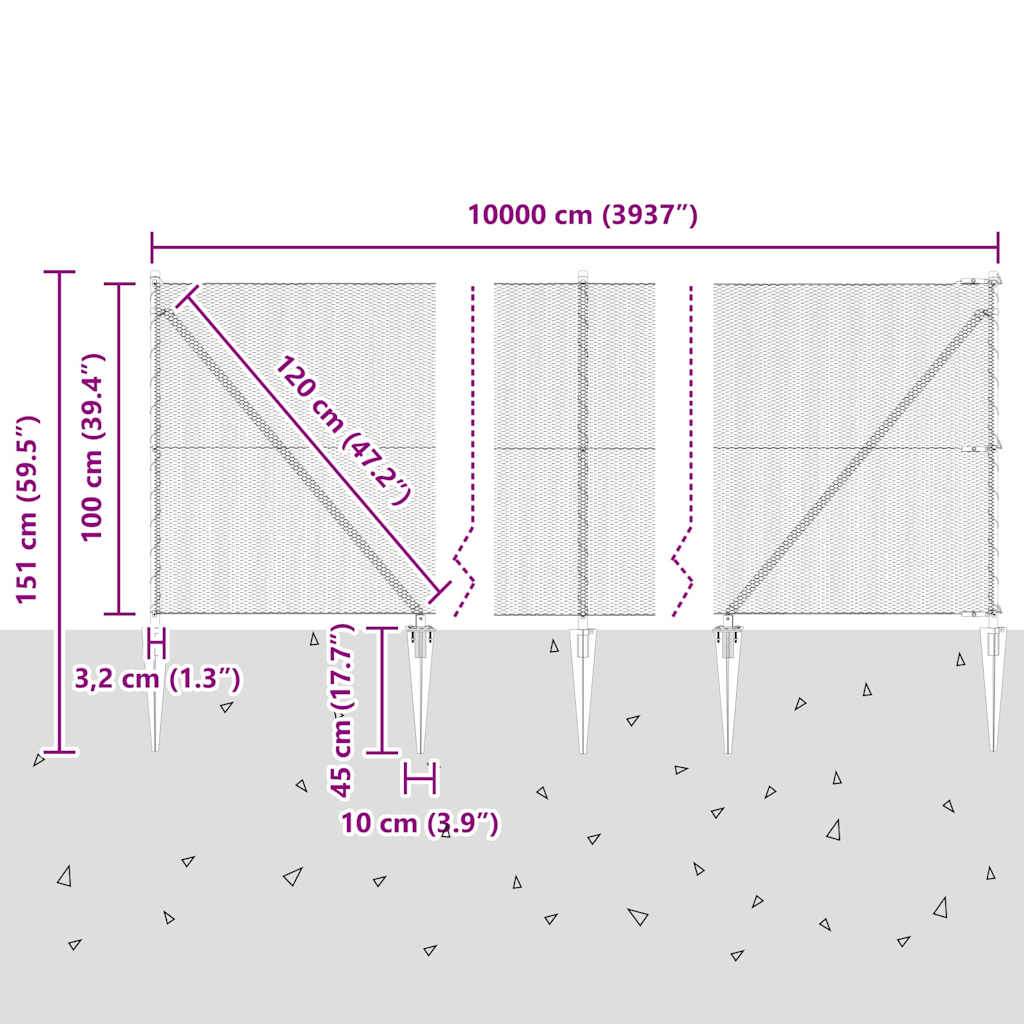 Afrasteringspaal Grijs 100 x 1 m (13 mm gaas) Staal en PVC