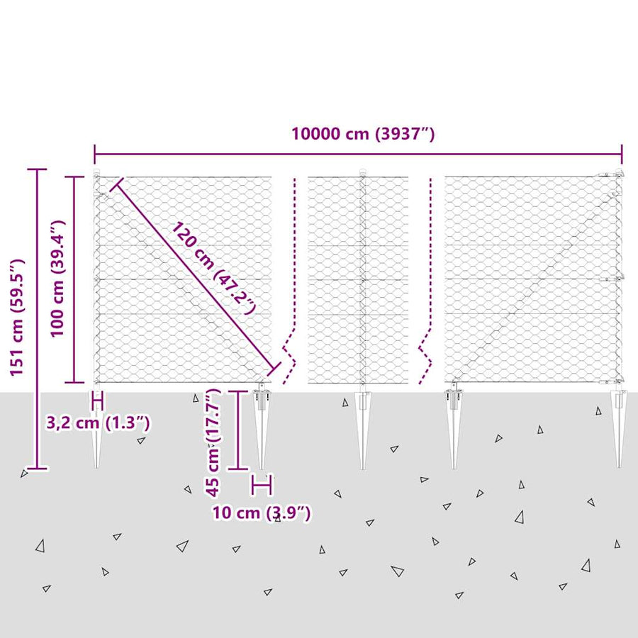 Afrasteringspaal Grijs 100 x 1 m (50 mm gaas) Staal en PVC
