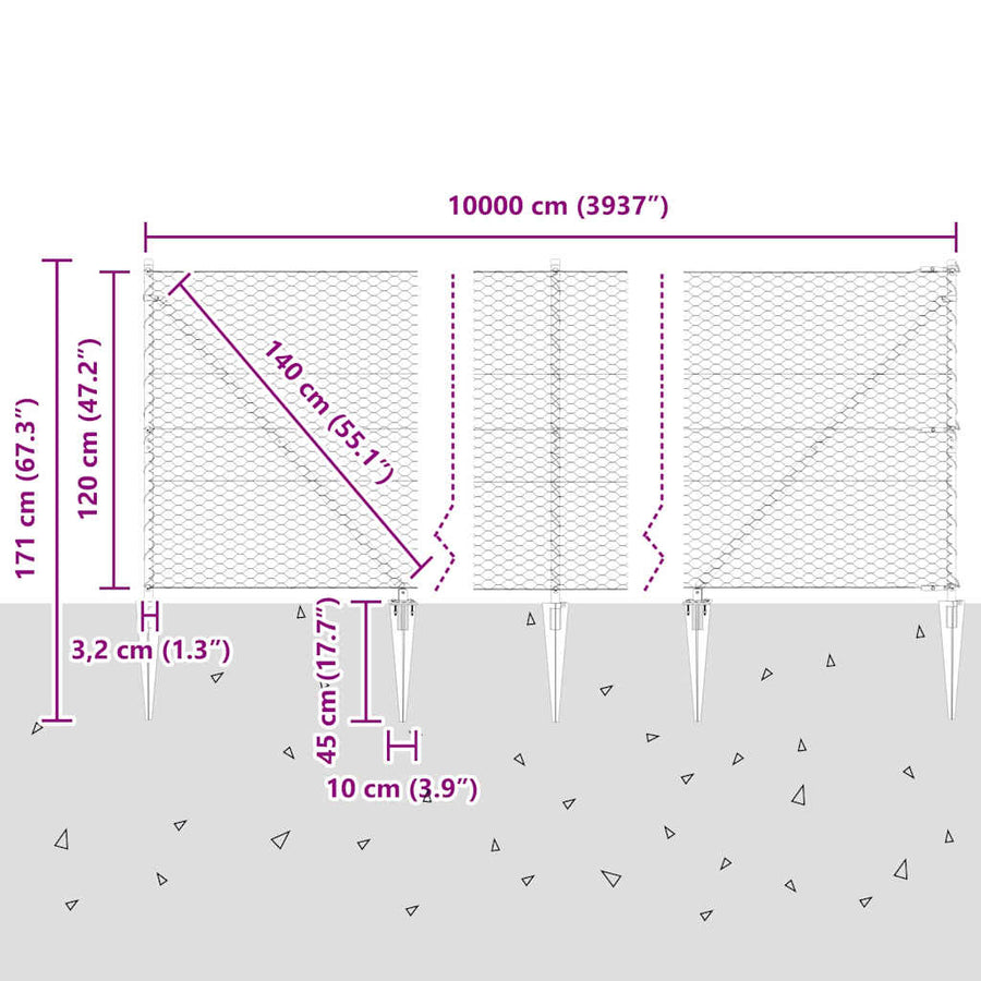 Afrasteringspaal Grijs 100 x 1,2 m (36 mm gaas) Staal en PVC