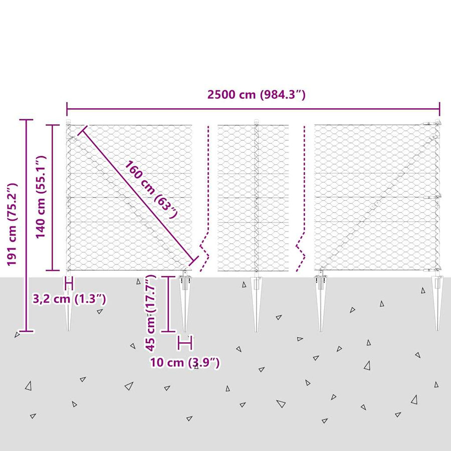 Afrasteringspaal Zilver 25 x 1,4 m (50 mm gaas) Staal