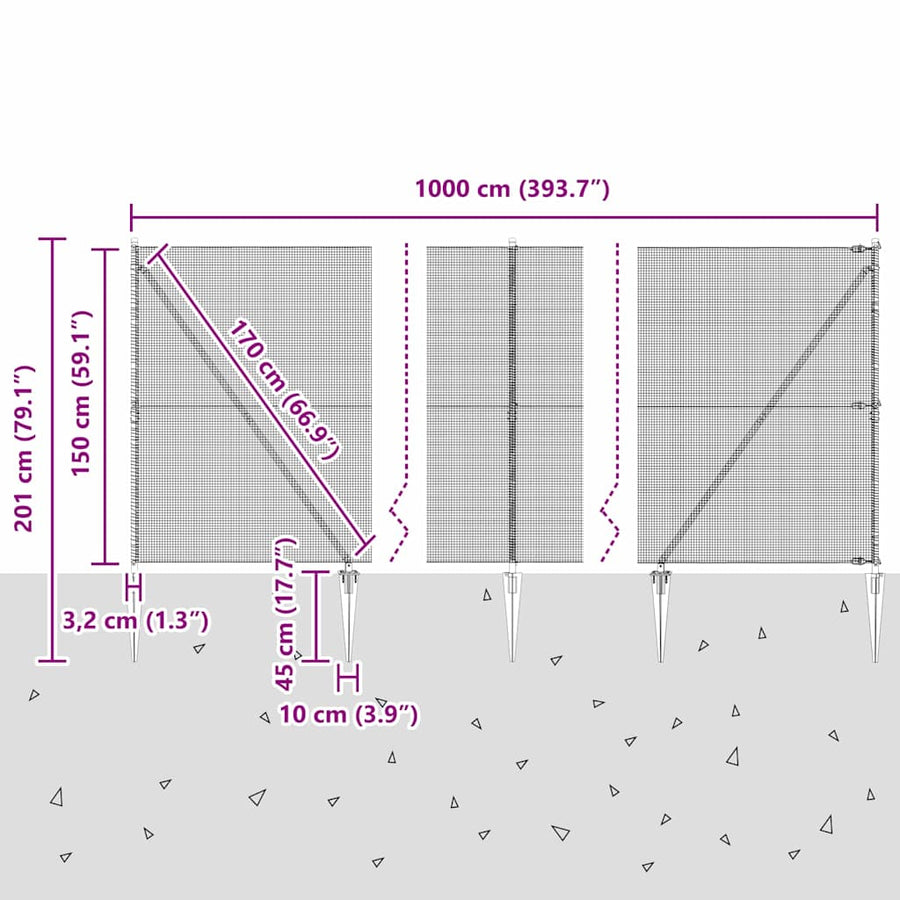 Hecke Met Palen 1.5 X 10 M Staal Grijs 10 x 1.5 m (12 x 12 mm gaas)