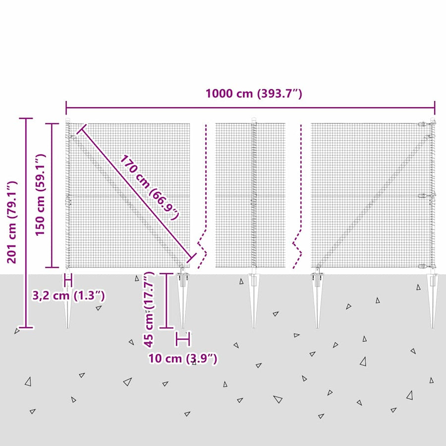 Hecke Met Palen 1.5 X 10 M Staal Grijs 10 x 1,5 m (19 x 19 mm gaas)