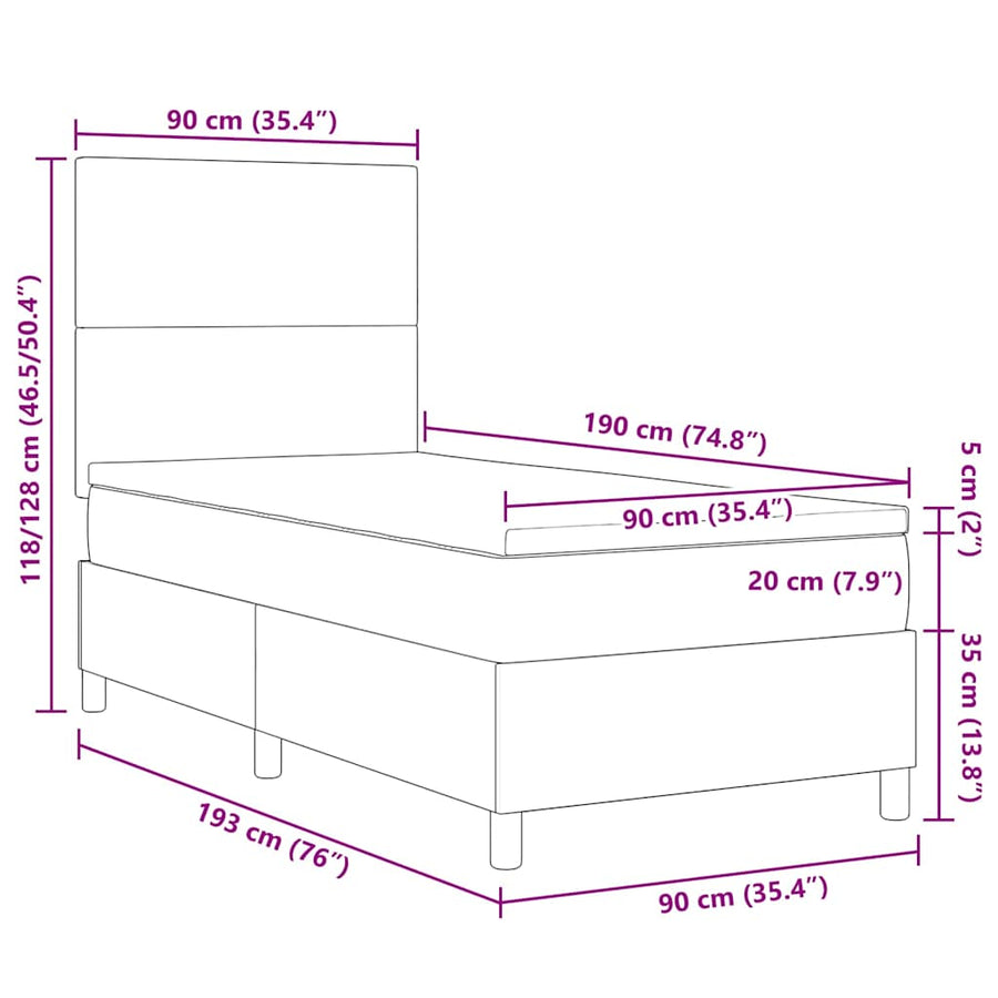 Boxspringbed Donkergrijs en Wit 90 x 190 cm Katoen Stof