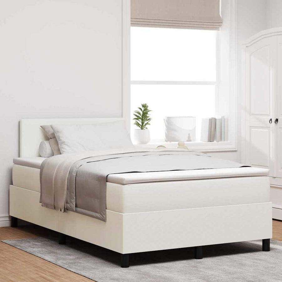 Boxspring Bed En Wit 203 X 120 X 88 Cm Katoenen Stof 120 x 200 cm Crème Laag hoofdbord