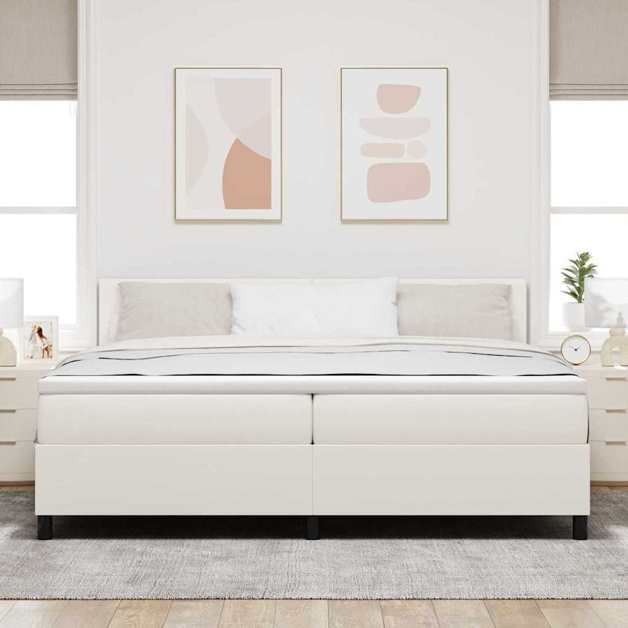 Boxspring Bed En Wit 203 X 200 X 88 Cm Katoenen Stof 200 x 200 cm Crème Laag hoofdbord