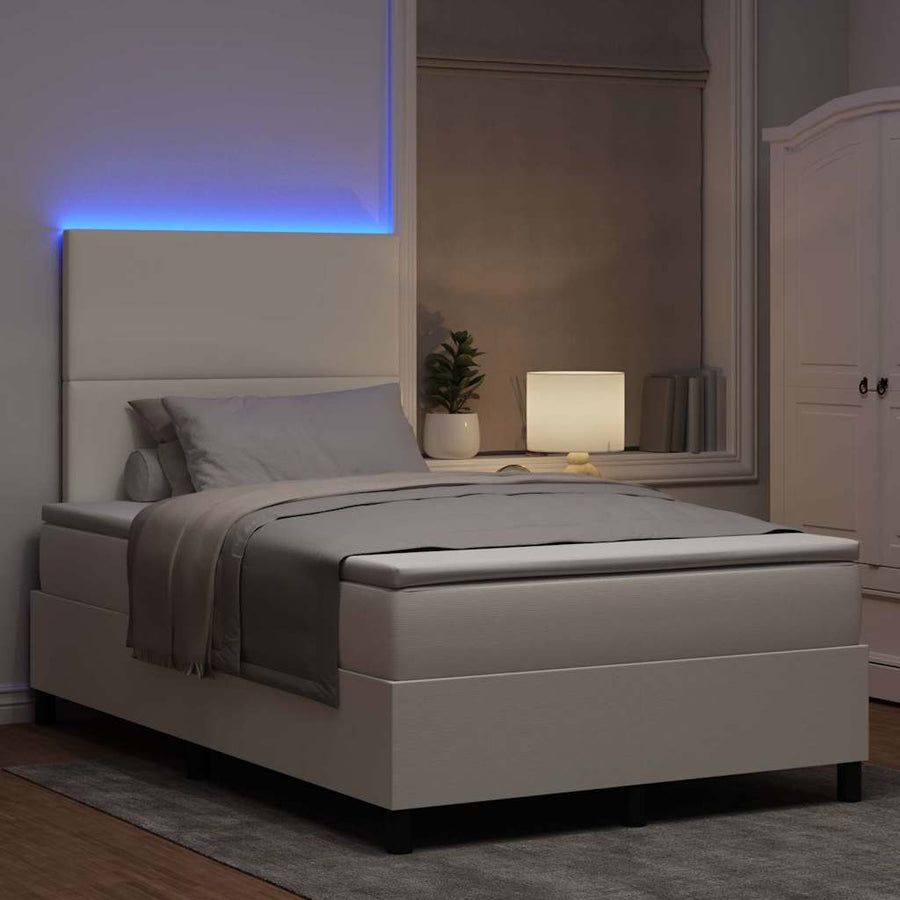 Boxspring Bed En Wit 193 X 120 X 128 Cm Katoenen Stof 120 x 190 cm Crème Hoog hoofdeinde