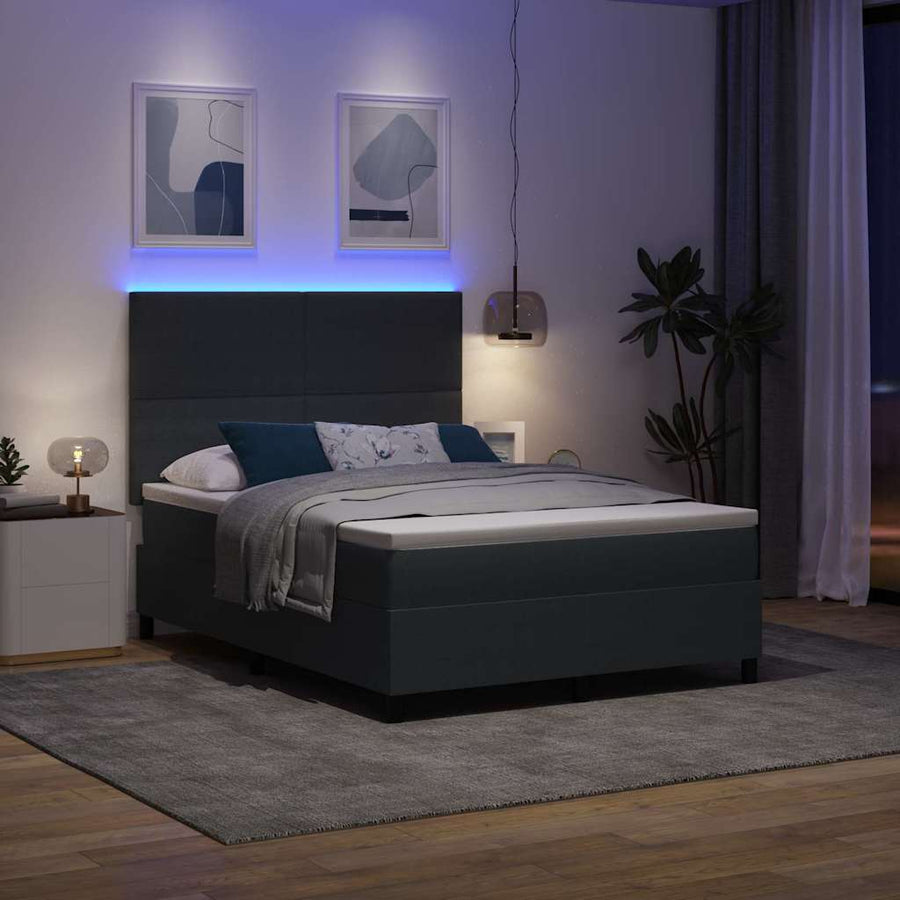 LED Box Spring Bed Donkergrijs en Wit 140 x 190 cm Katoen Stof