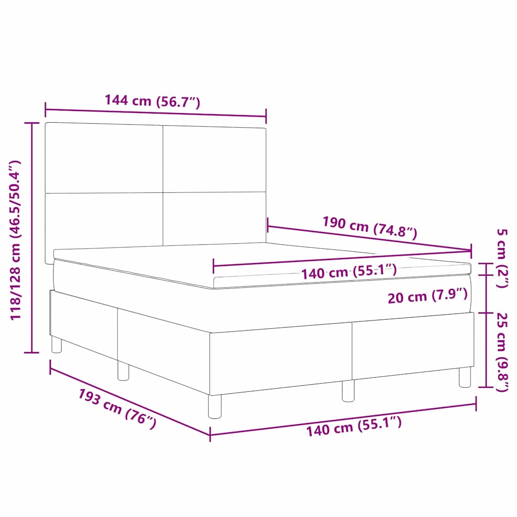 LED Box Spring Bed Donkergrijs en Wit 140 x 190 cm Katoen Stof