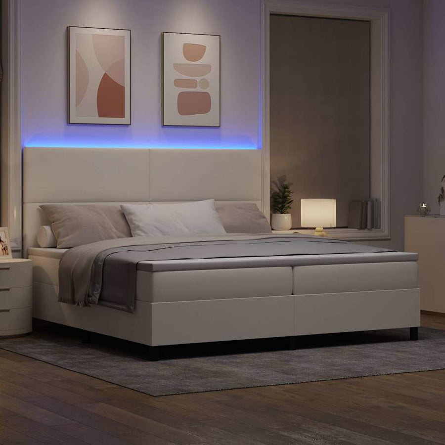 Boxspring Bed En Wit 203 X 200 X 128 Cm Katoenen Stof 200 x 200 cm Crème Hoog hoofdeinde