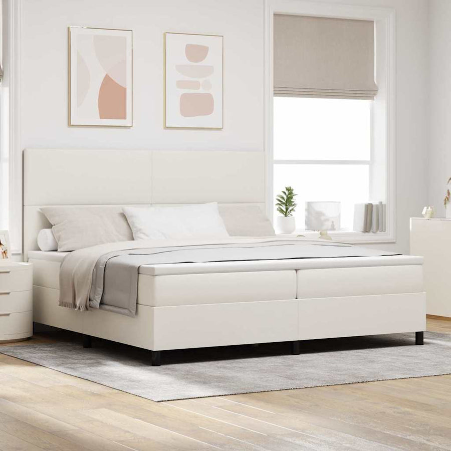 Boxspring Bed En Wit 203 X 200 X 128 Cm Katoenen Stof 200 x 200 cm Crème Hoog hoofdeinde
