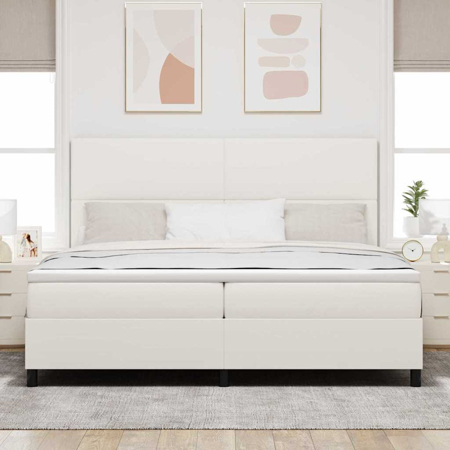 Boxspring Bed En Wit 203 X 200 X 128 Cm Katoenen Stof 200 x 200 cm Crème Hoog hoofdeinde