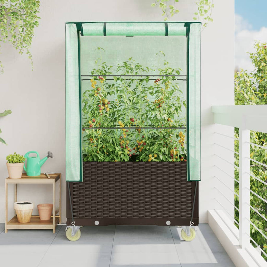 Plantenbak verhoogd met hoes en wielen 80x50x182 cm rattanlook