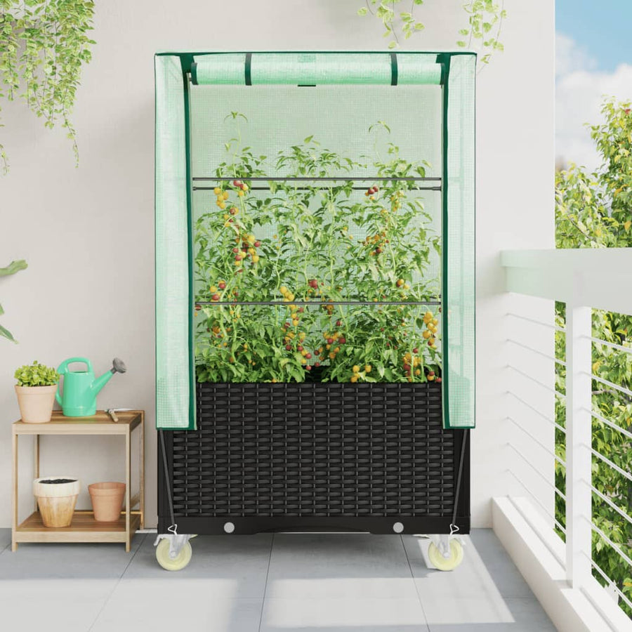 Plantenbak verhoogd met hoes en wielen 80x50x182 cm rattanlook