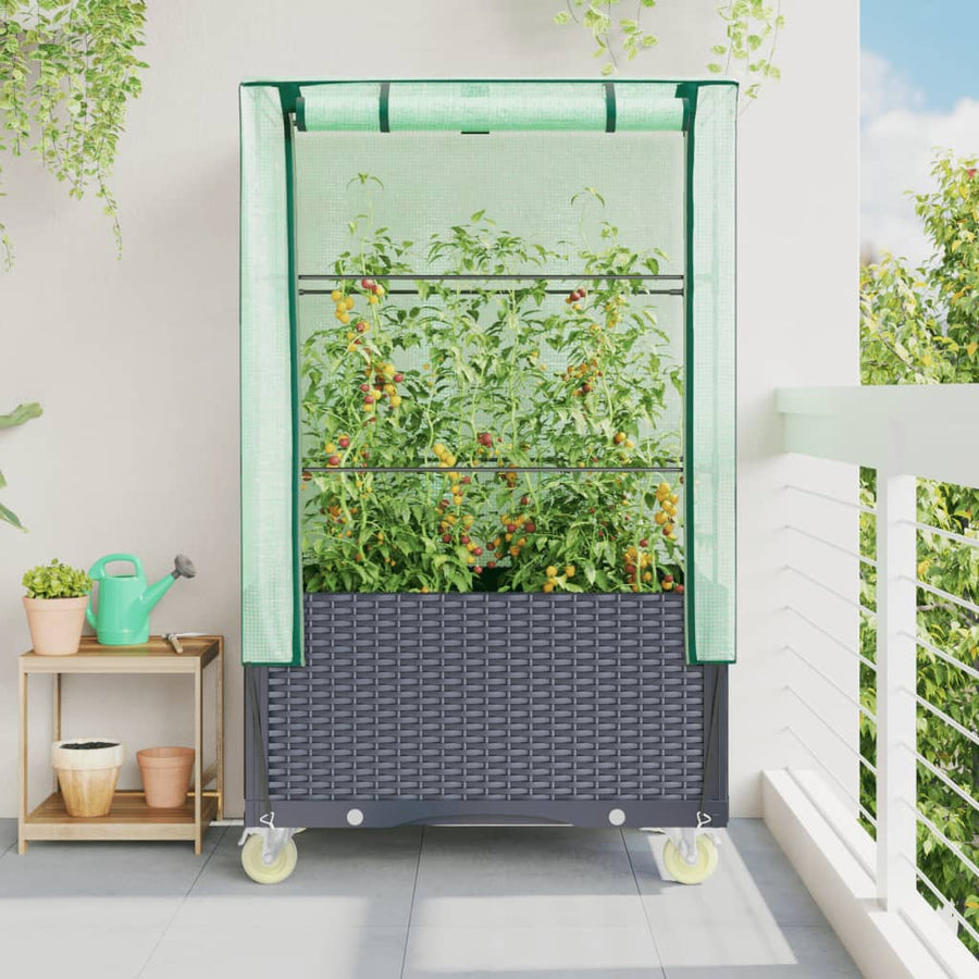 Plantenbak verhoogd met hoes en wielen 80x50x182 cm rattanlook