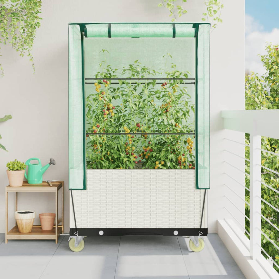Plantenbak Verhoogd Met Hoes En Wielen 80X50X182 Cm Rattanlook Wit