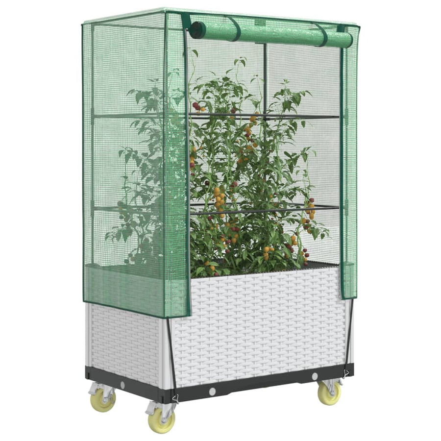 Plantenbak Verhoogd Met Hoes En Wielen 80X50X182 Cm Rattanlook Wit