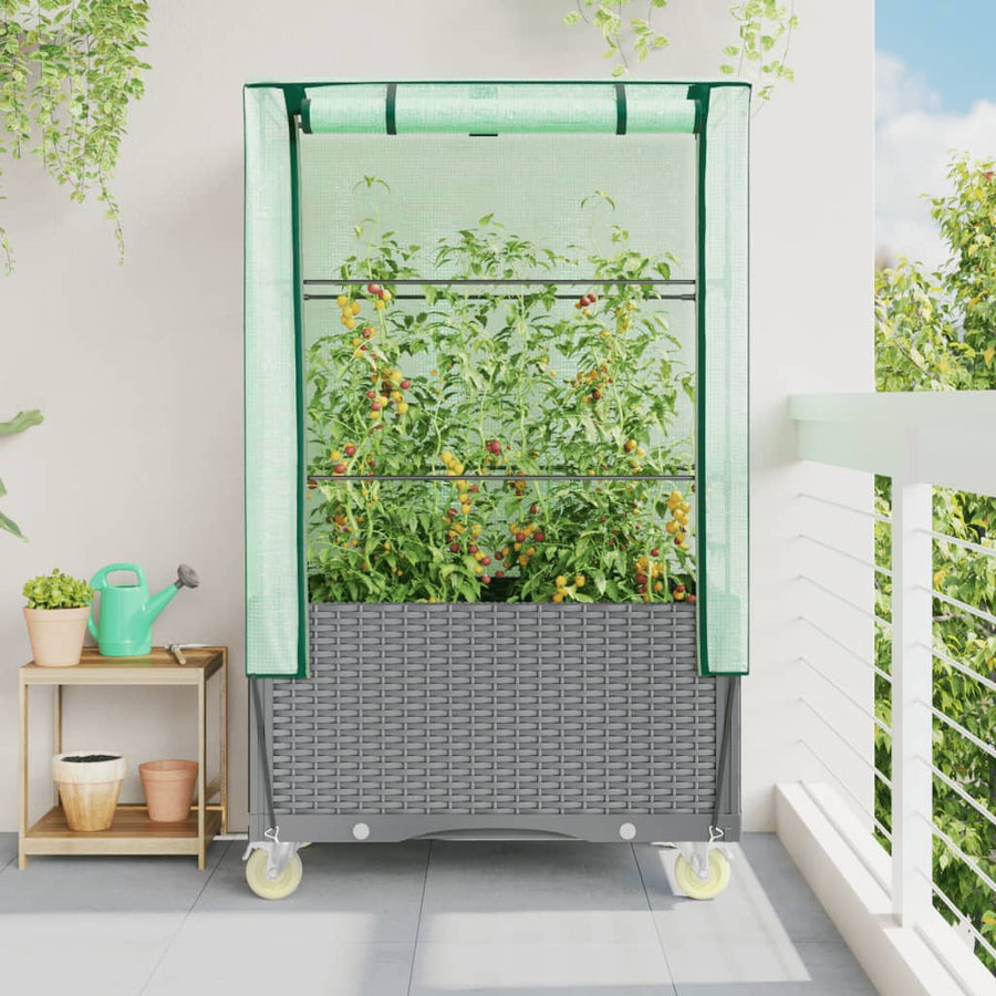 Plantenbak verhoogd met hoes en wielen 80x50x182 cm rattanlook
