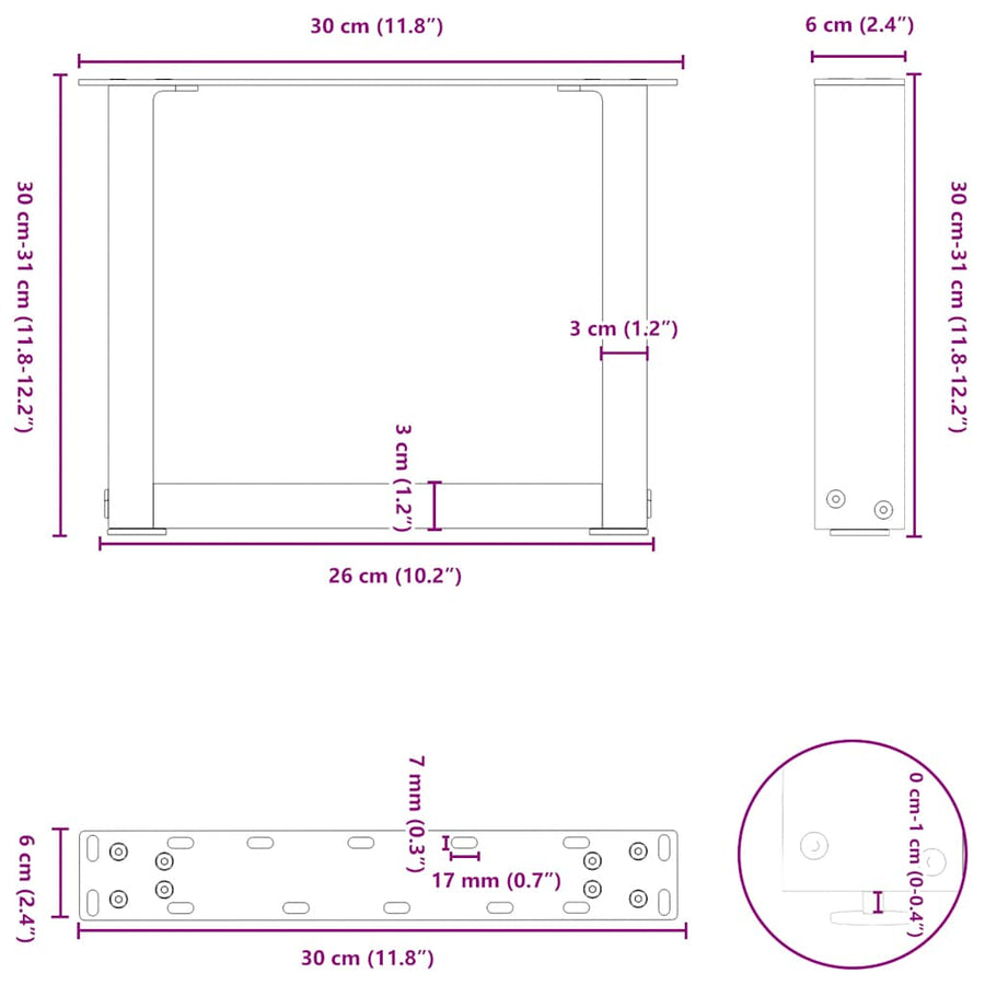 Salontafelpoten 2 st U-vormig 30x(30-31) cm staal zwart