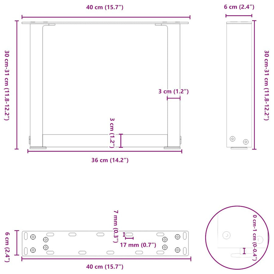 Salontafelpoten 2 st U-vormig 40x(30-31) cm staal zwart