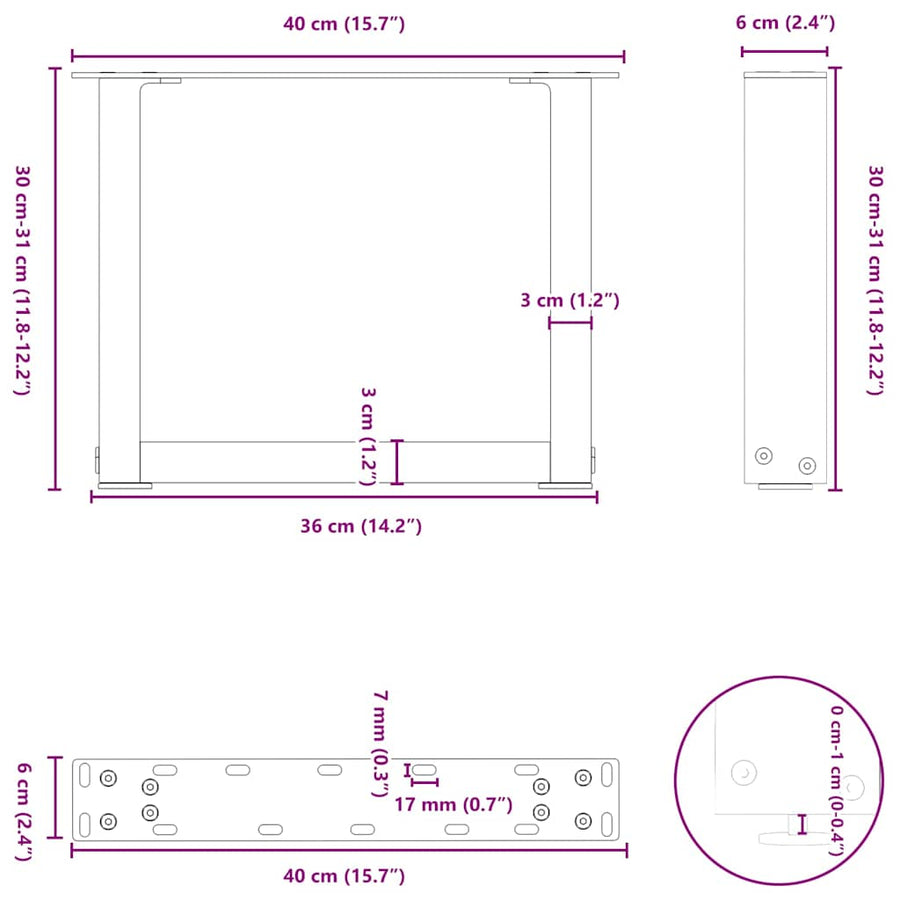 Salontafelpoten U-Vormig Staal Antraciet 2 40 x (30-31) cm