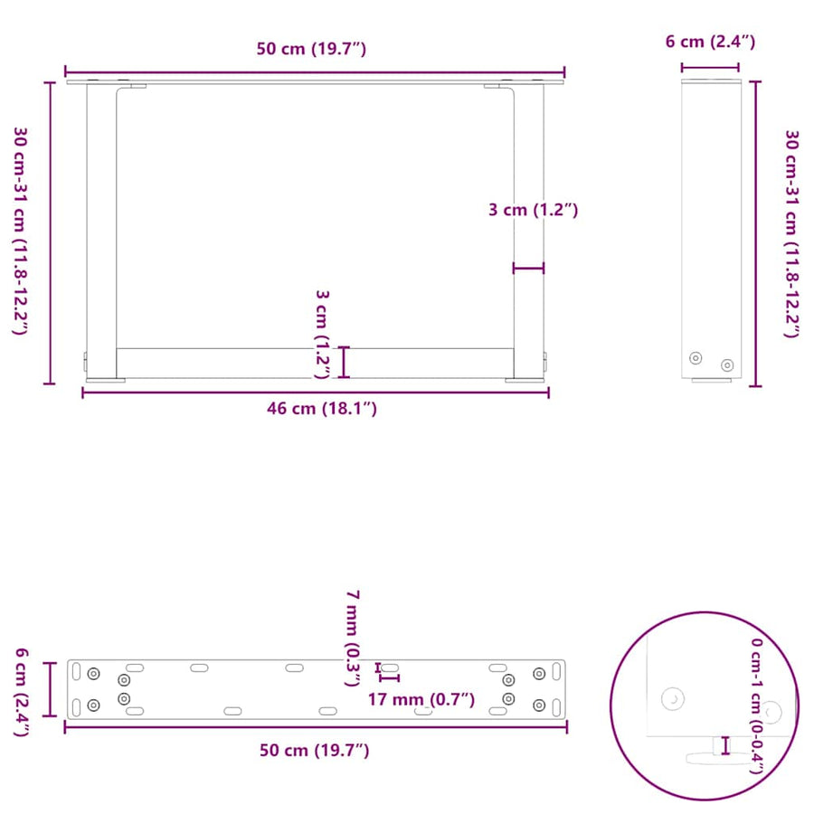 Salontafelpoten U-Vormig Staal Antraciet 2 50 x (30-31) cm